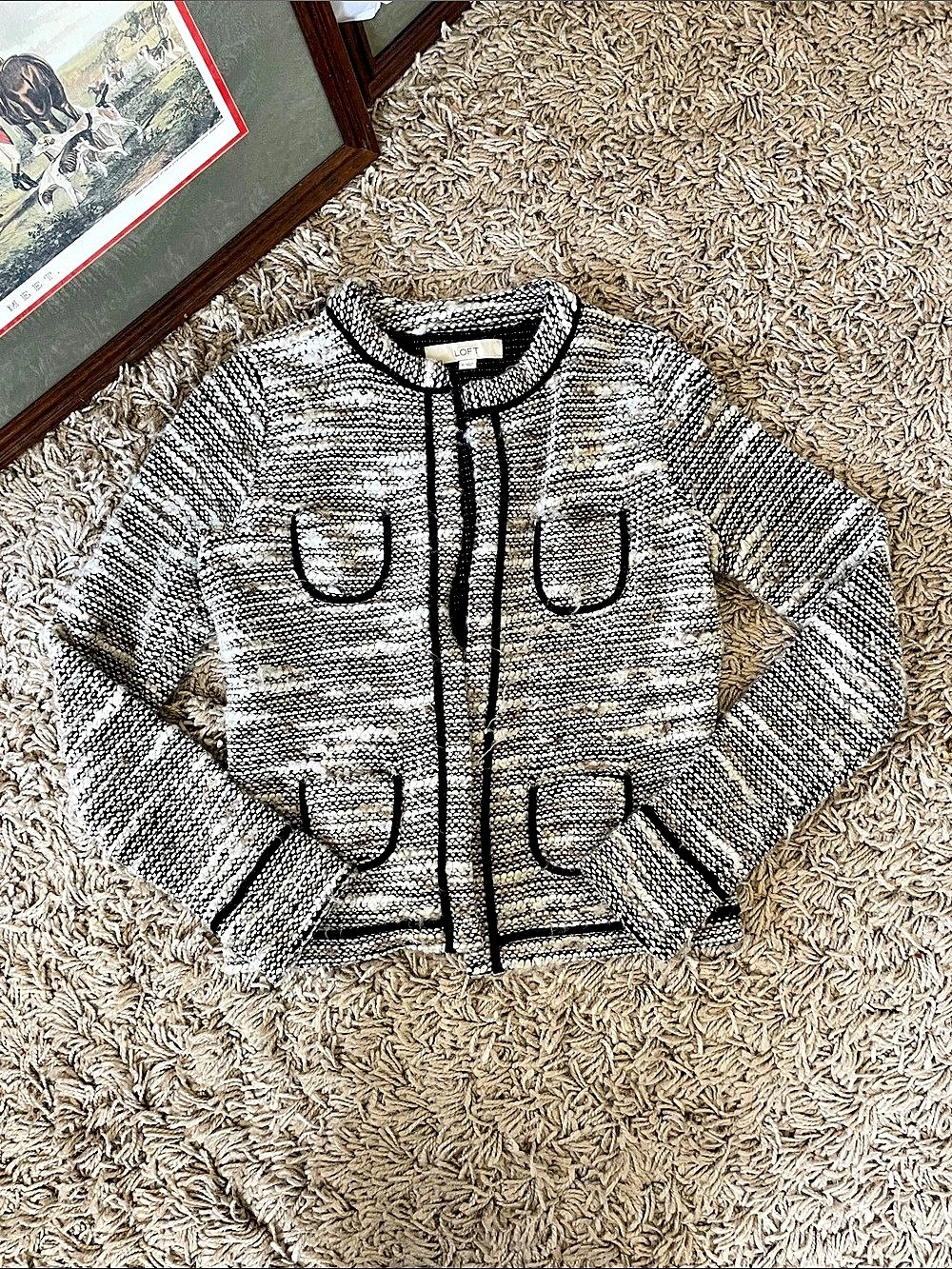 LOFT Open Front Cardigan in Gray & Black Size Small Like New